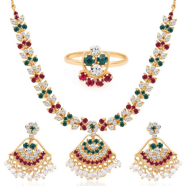 Sukkhi Paisley Gold Plated AD Necklace Earring Ring Set