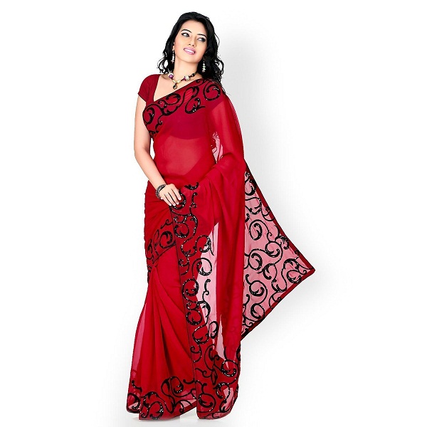 DivyaEmporio Womens Black and Red Faux Georgette Saree