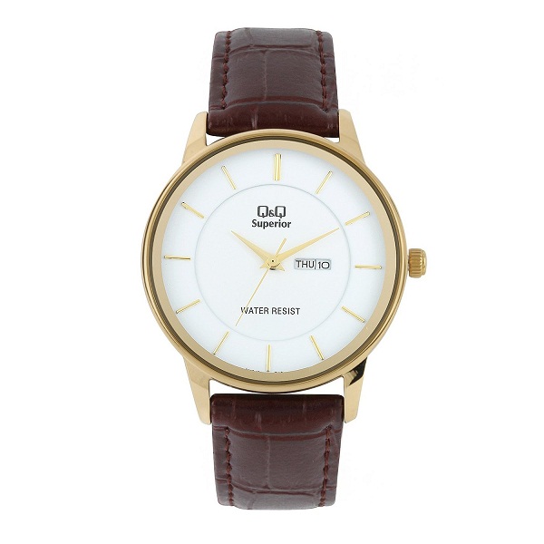 Q And Q Day and Date Analog Gold Dial Mens Watch