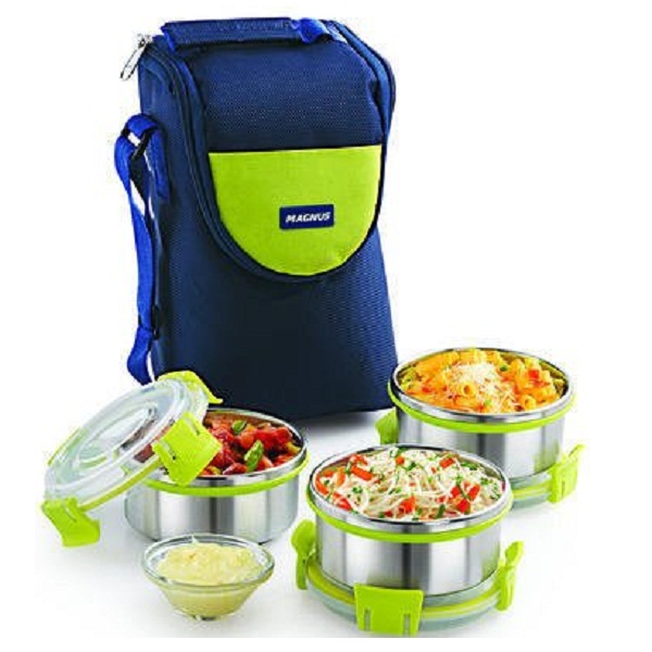 Magnus Fresh Meal Aura 3 Stainless Steel Containers Lunch Box With Clip Lock And Bag