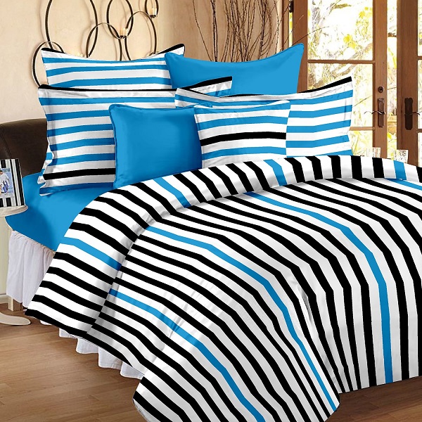 Story Home White 186 TC Cotton 1 Double Bedsheet With 2 Pillow Cover White Blue