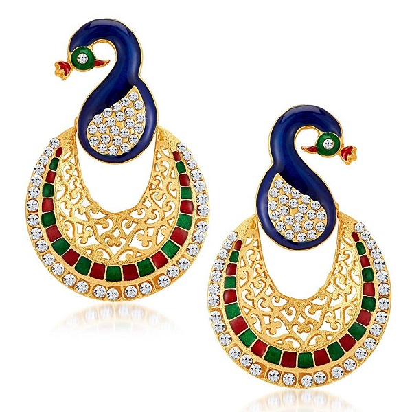 Sukkhi Glamorous Peacock Gold Plated Australian Diamond Earrings for Women