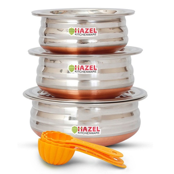 HAZEL Copper Bottom Kadai Urli with Lid 3 Pcs Set Free 3 Pc Scoop Set