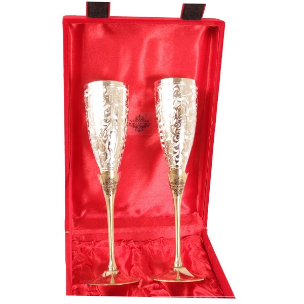 IndianArtVilla Handmade Engraved Silver Plated Brass Premium Goblet Champagne Flutes Coupes Wine Glass Set
