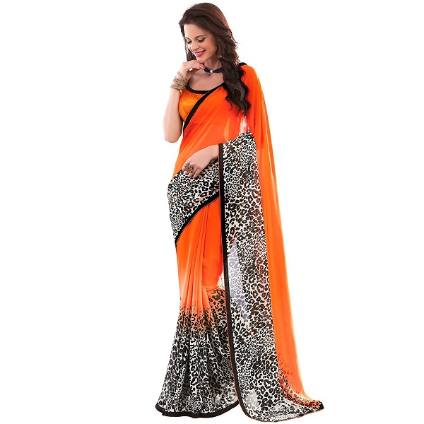 Jaanvi Fashion Designer Orange Printed Chiffon Saree