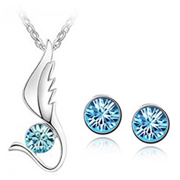 Habors 18K White Gold Plated Blue Austrian Crystal Angel Wing Pendant Set