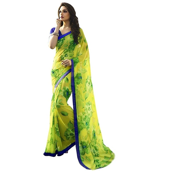 Jaanvi Fashion Womens Lemon Yellow Georgette Printed Saree With Blouse Piece