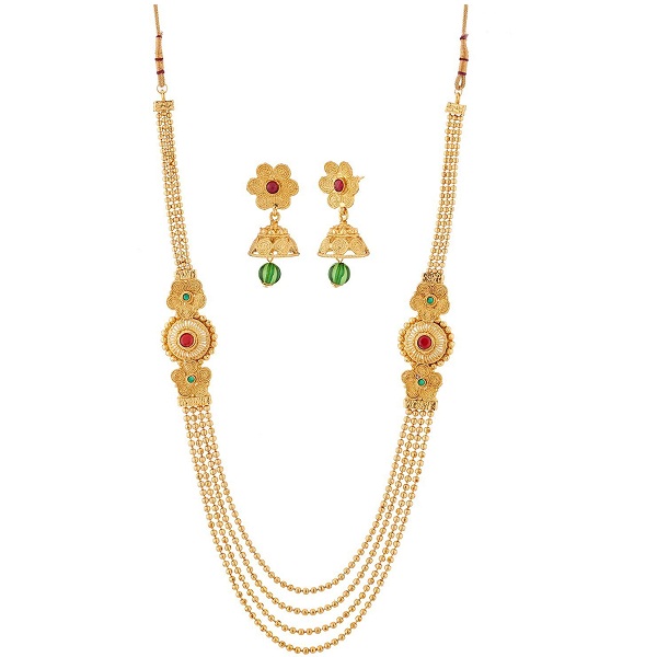 Reeva Gold Plated Multi Strand Necklace With Earrings Set