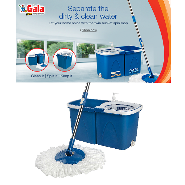 Gala Twin Bucket Spin Mop with 2 refills and 1 liquid dispenser