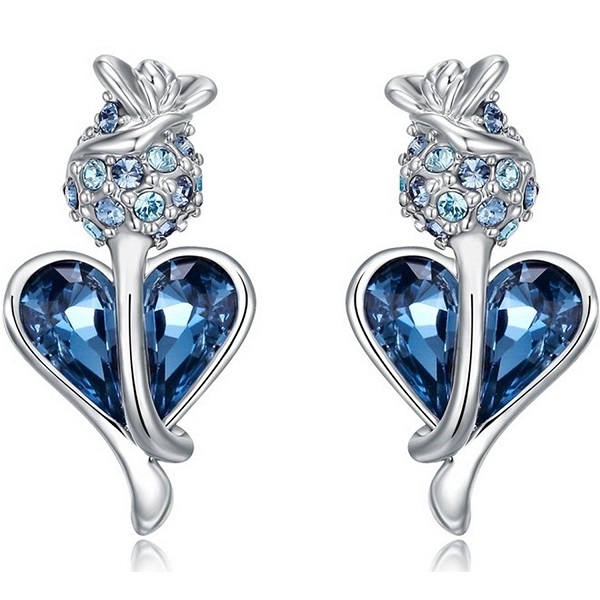 NEVI Heart Fashion Swarovski Crystals Rhodium Plated Stud Earrings