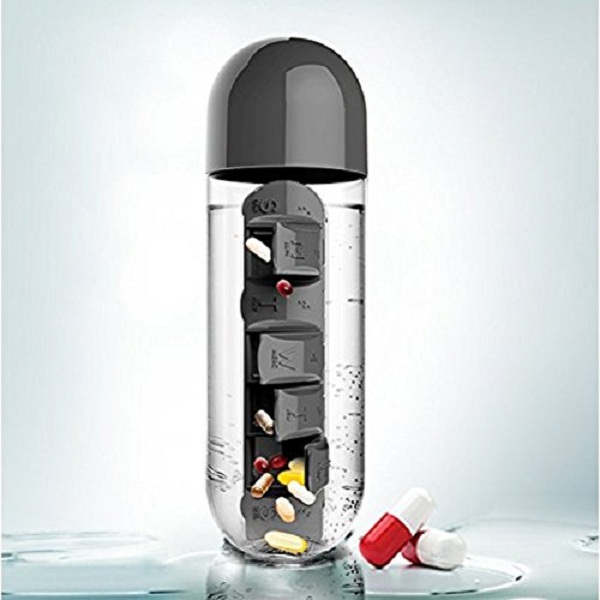 Okayji Combine 600ml Water Bottle With Removable 7 Day Pill Organizer