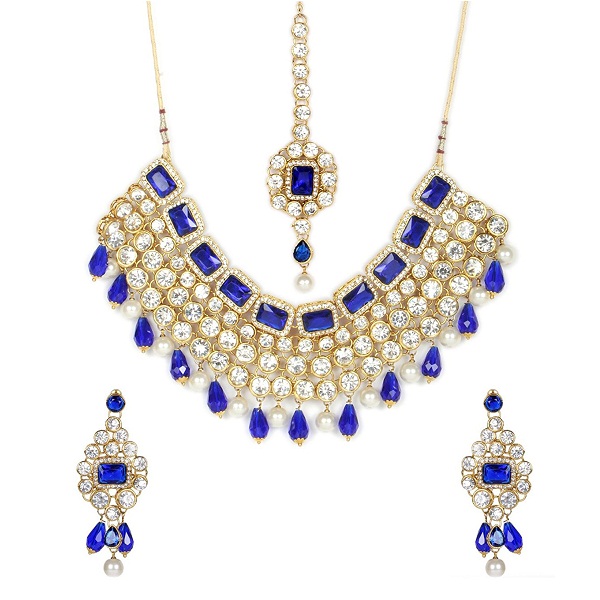 Shining Diva Blue Crystal Choker Traditional Necklace Set