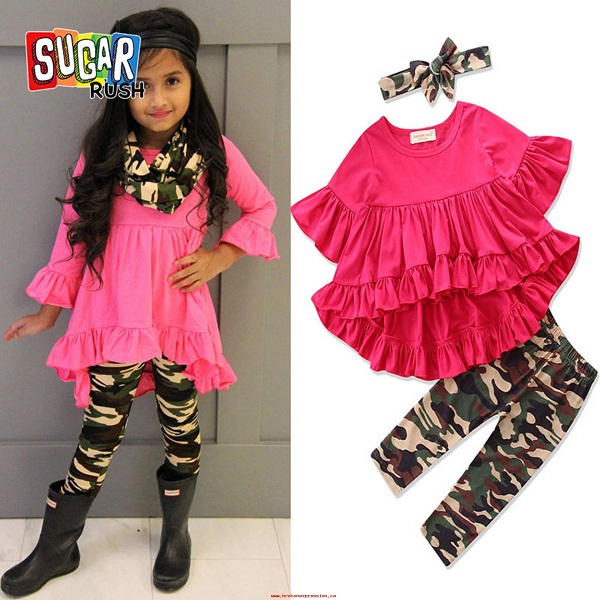 Sugar Rush Girls Red Flared Top with Camouflage Bottom