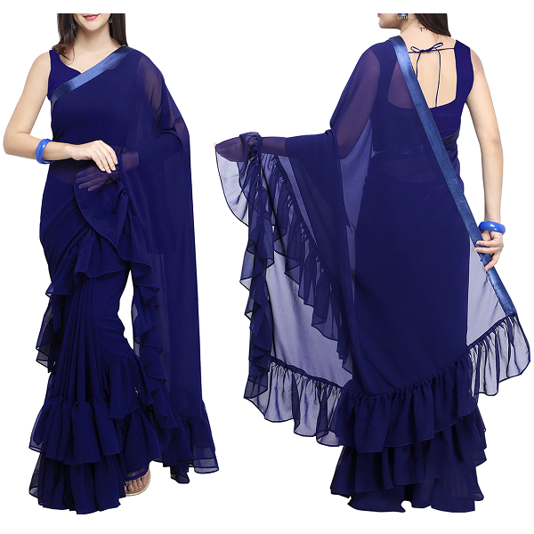 Ruffled Border Solid Saree With Blouse