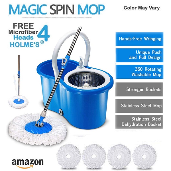 HOLMES Easy Magic Bucket Spin Mop with 4 Heads