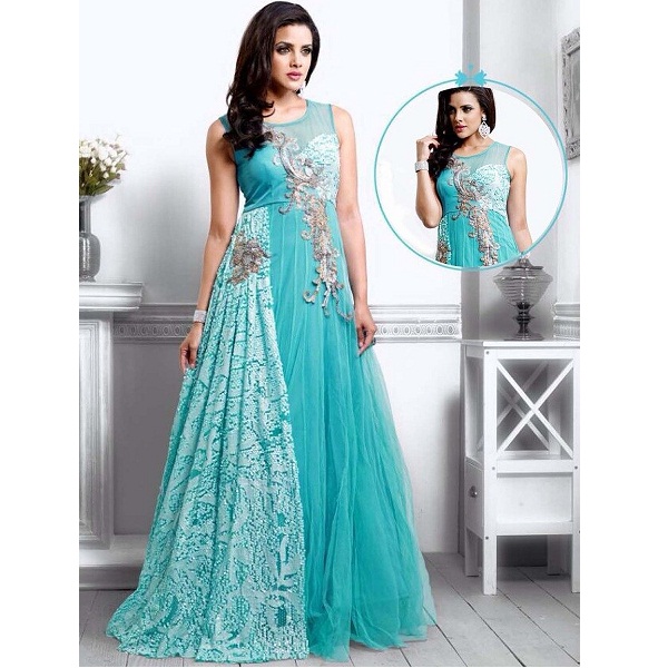UFS Womens Light Blue Net Semi Stitched Anarkali Dress Salwar Suit Gown